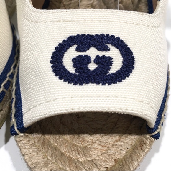 GUCCI GG RIBBON TIE WEDGE ESPADRILLES -WHITE /NAVY -US 8.5 -NEW - Picture 7 of 10